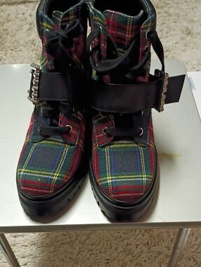 GB girls Red Plaid Ankle Boots with Black Trim